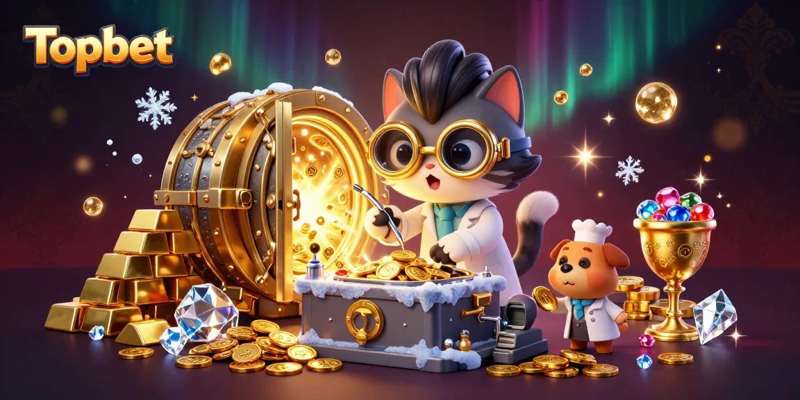 Experience the excitement of Topbet with a dynamic 3D casino scene featuring glittering treasures and animated characters.