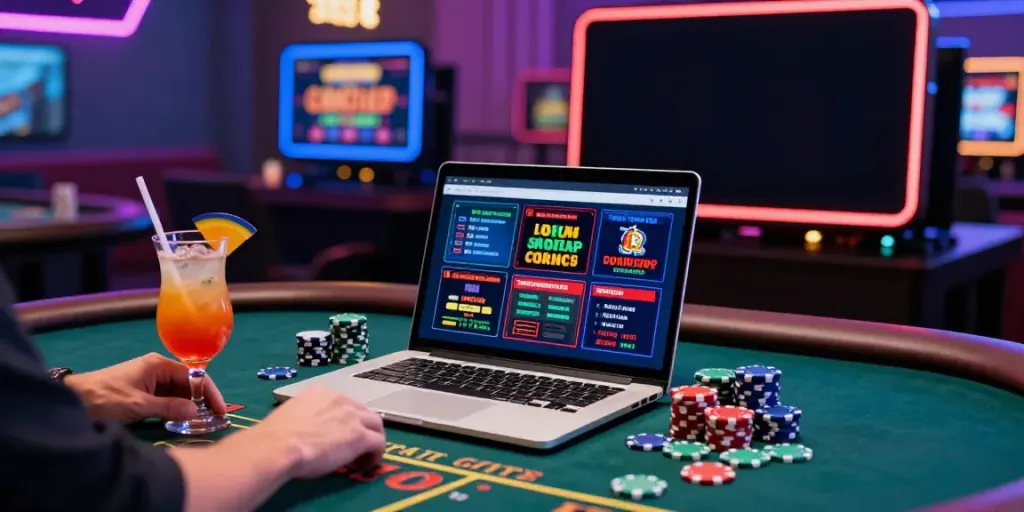 Player exploring non GamStop casinos at stylish casino table with colorful chips.