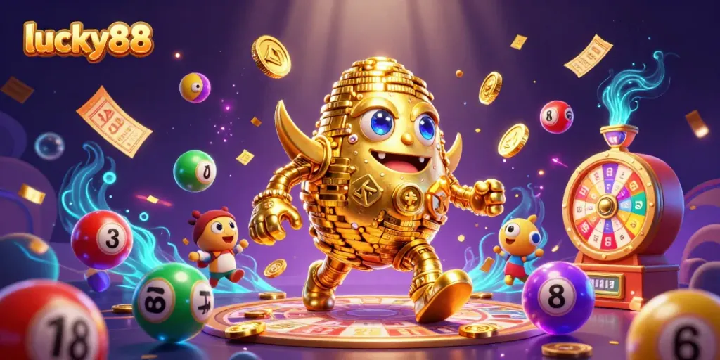 Engage with lucky88’s dynamic gaming world featuring a golden golem and colorful lottery elements.