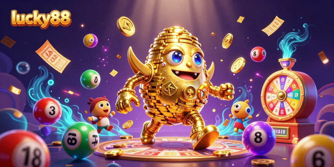 Engage with lucky88’s dynamic gaming world featuring a golden golem and colorful lottery elements.