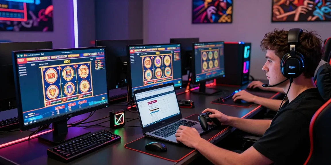 Player engaging in non GamStop casinos with multiple monitors displaying colorful games in modern gaming setup.