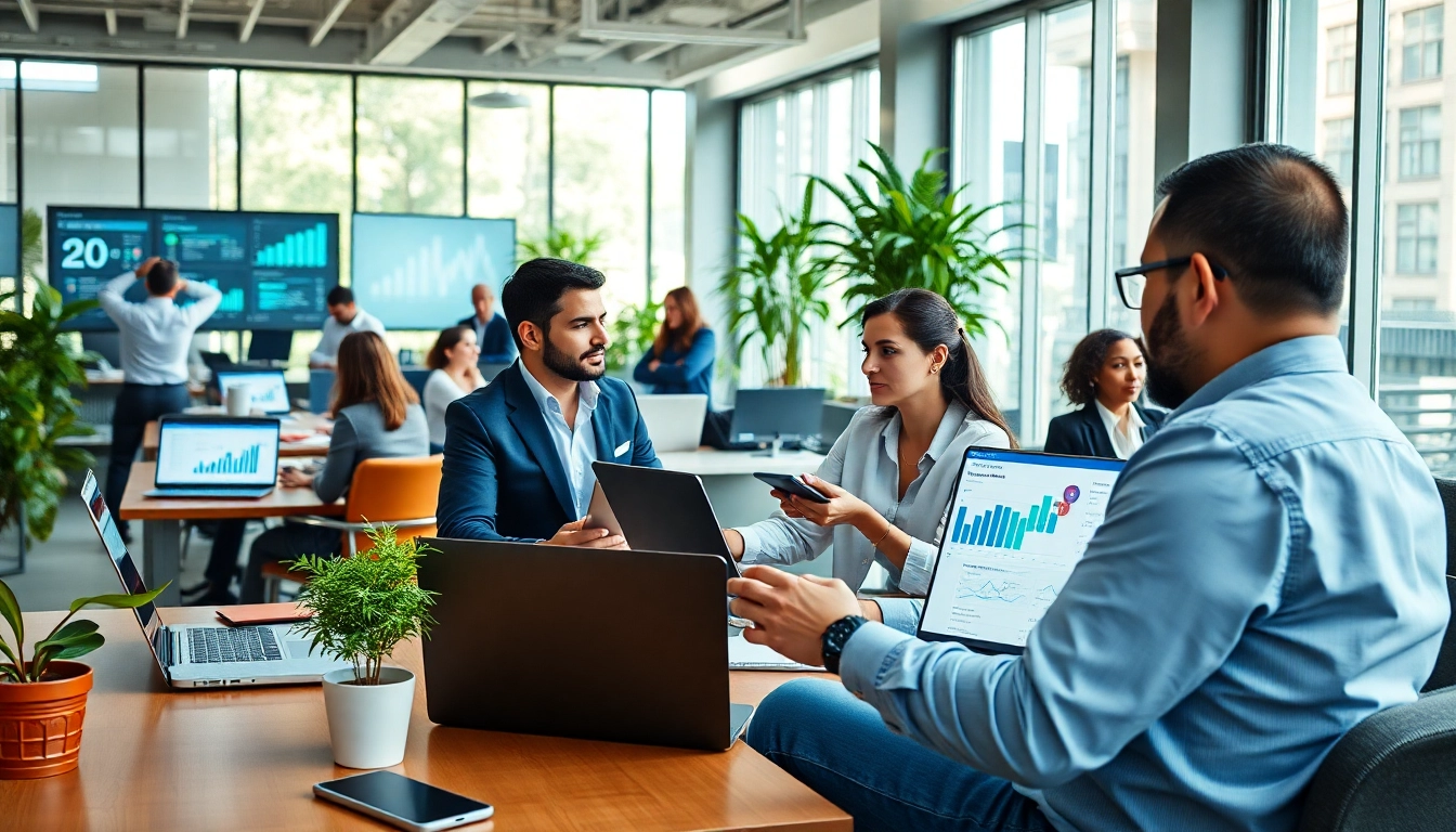 Business professionals collaborating with Logo Tiger Wings ERP in a modern office.