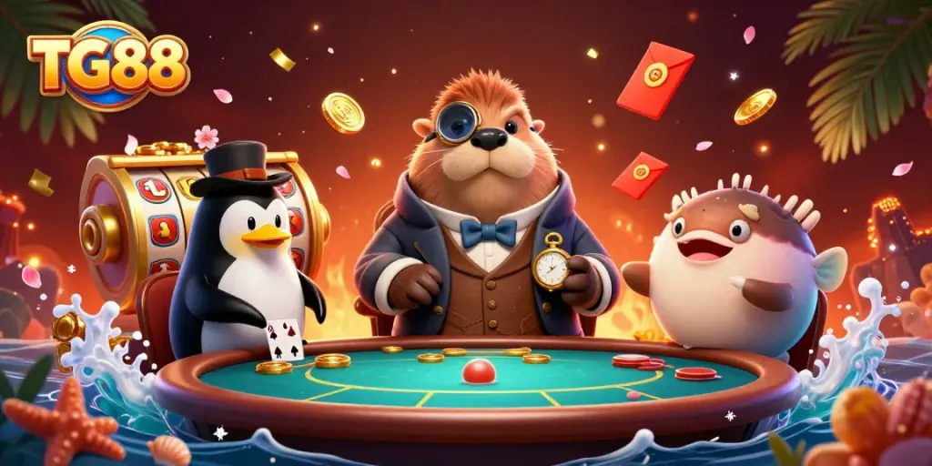 Experience fun at TG88's underwater casino with a walrus playing poker in a vibrant 3D scene.