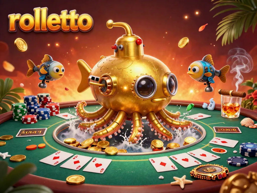 Experience rolletto's vibrant casino world with golden kraken submarine and dynamic poker scene.
