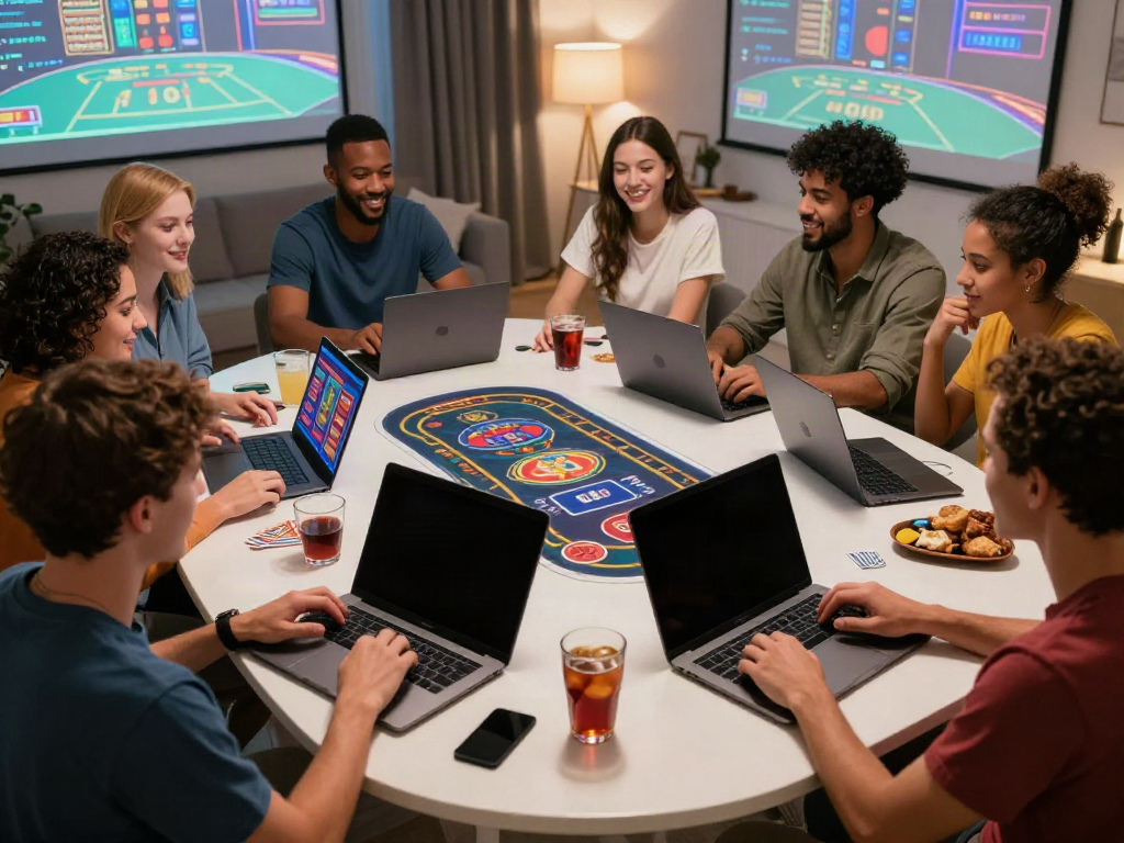 Friends enjoying non gamstop casinos during a lively gaming night at home.