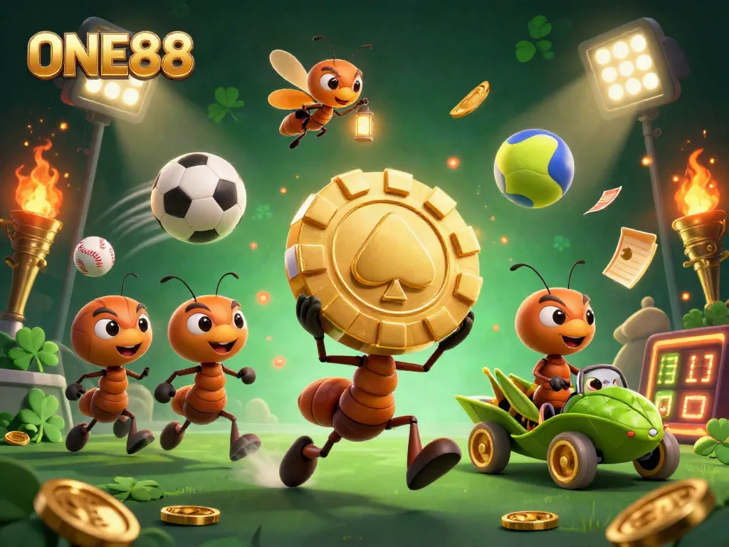 ONE88 showcases a daring scene of cartoon ants heisting a giant poker chip amid flying sports elements.