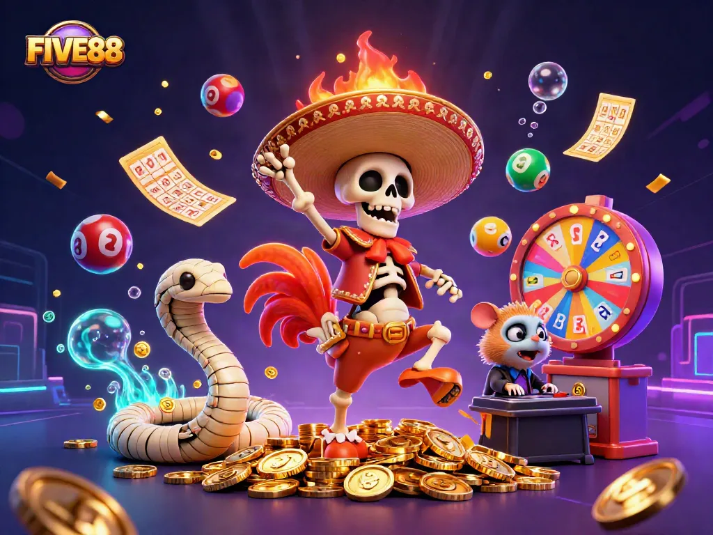 Experience the thrill with FIVE88's vibrant casino adventure featuring lively characters and immersive gaming elements.