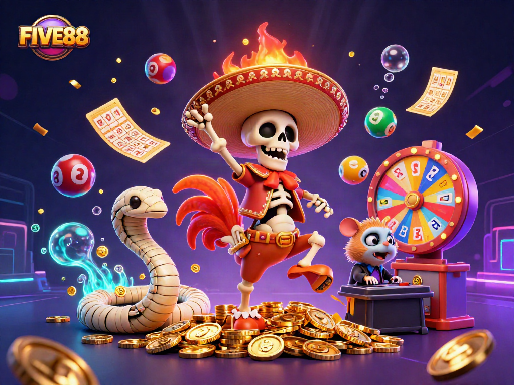 Experience the thrill with FIVE88's vibrant casino adventure featuring lively characters and immersive gaming elements.