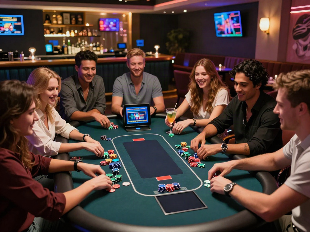 Exciting gaming lounge scene showcasing friends enjoying non GamStop casinos at a poker table.
