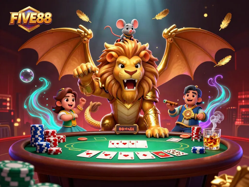 Engage in thrilling poker at FIVE88 featuring a triumphant chimera and poker elements.