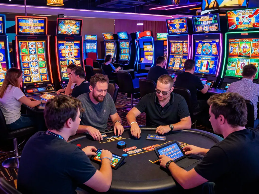 Players enjoying gaming experiences at non GamStop casinos online, vibrant digital atmosphere with interactive elements.