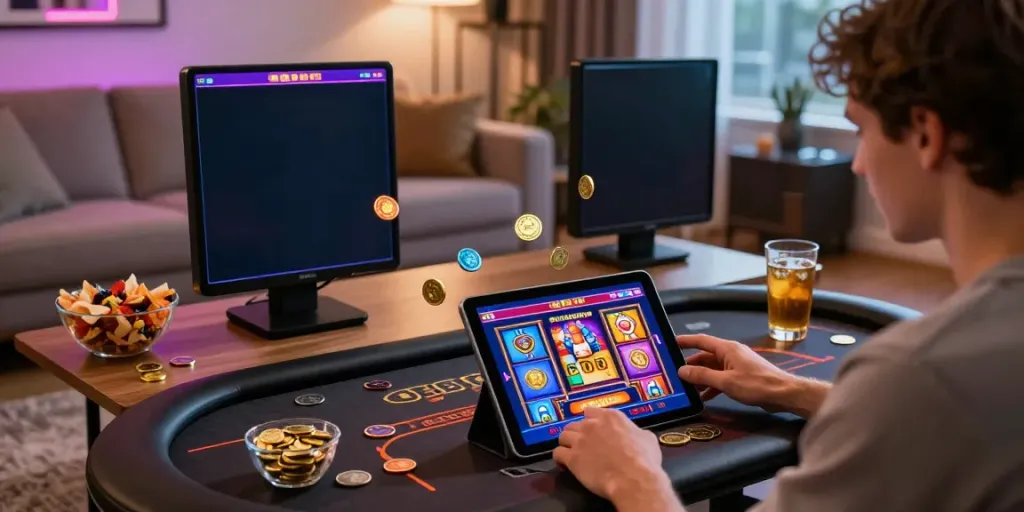 Engaging gameplay session on non GamStop casinos tablet in stylish living room.