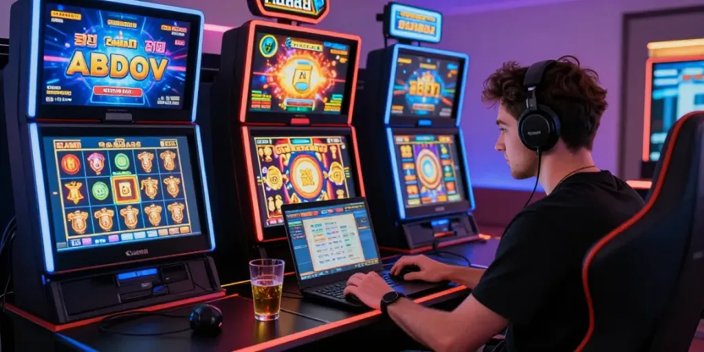 Engaging player at laptop enjoying non GamStop casinos with colorful game displays in modern home gaming area.