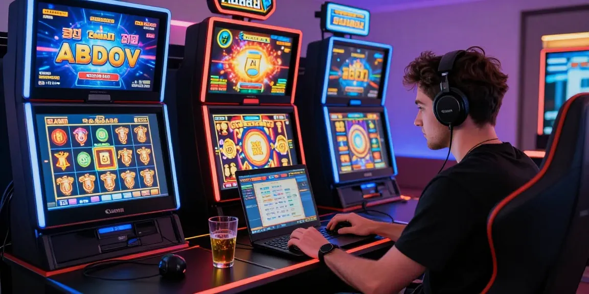 Engaging player at laptop enjoying non GamStop casinos with colorful game displays in modern home gaming area.