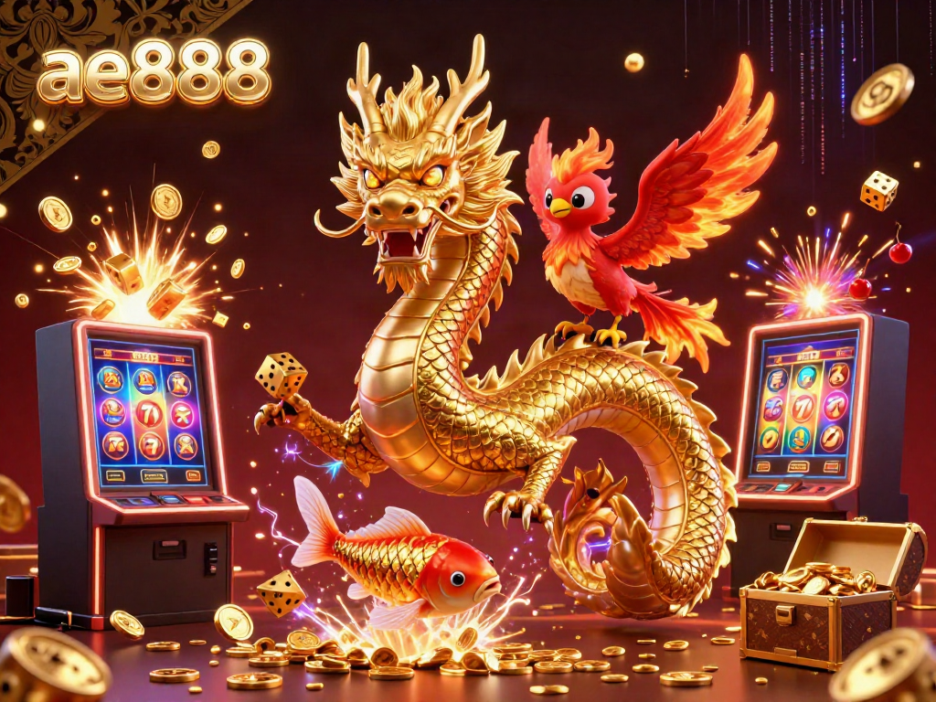 Engage with ae888's thrilling gaming world featuring a golden dragon, phoenix, and jackpot explosion.