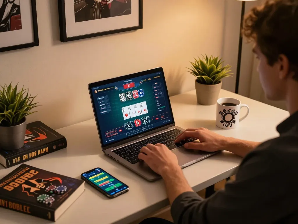 hitclub68s online casino gaming setup with player engaging on laptop for strategic gameplay