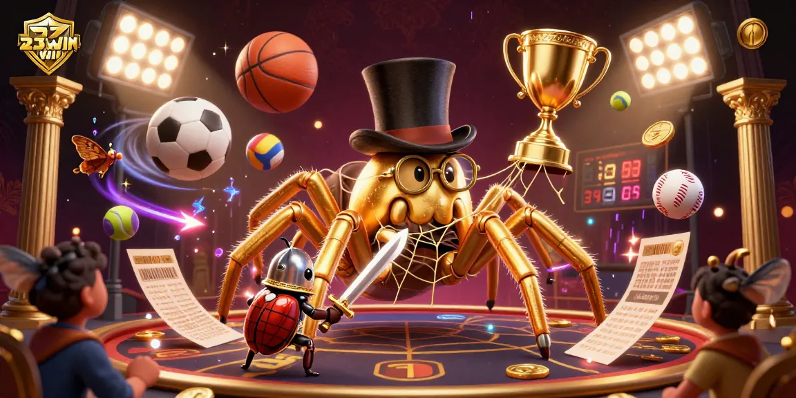 Experience thrilling moments at 23WIN with a vibrant casino scene featuring a golden tarantula and dynamic sports elements.