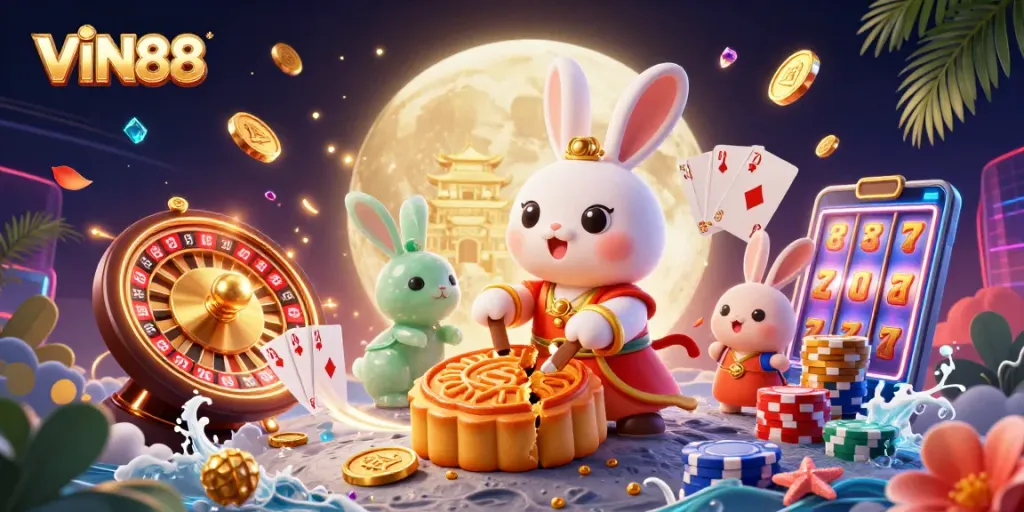 Experience thrilling gameplay with VIN88's vibrant casino-themed illustration, showcasing a lively casino scene.