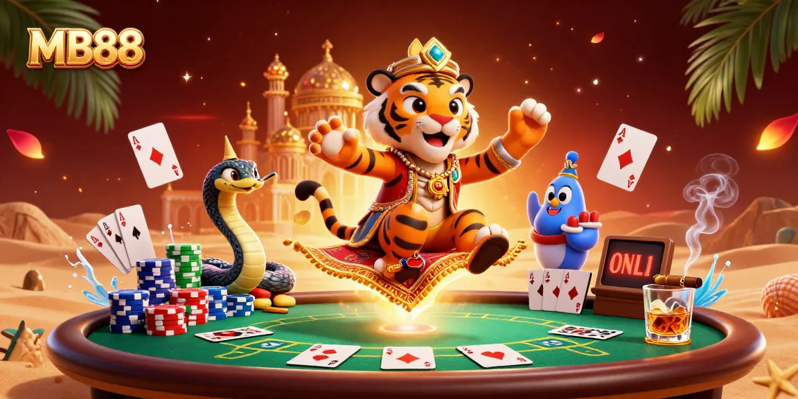 MB88 mang đến sultan hổ trên thảm bay giữa vô số chip poker trong sòng bạc.