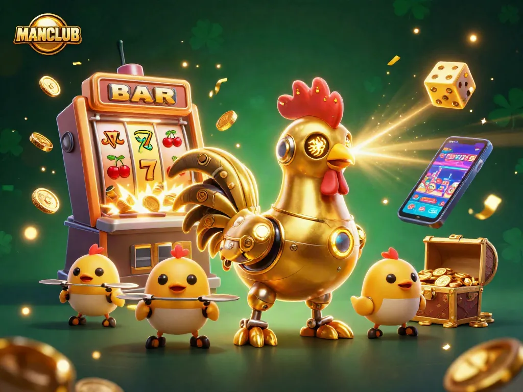 MANCLUB features a golden rooster robot and baby chick drones amidst casino game elements, radiating excitement.