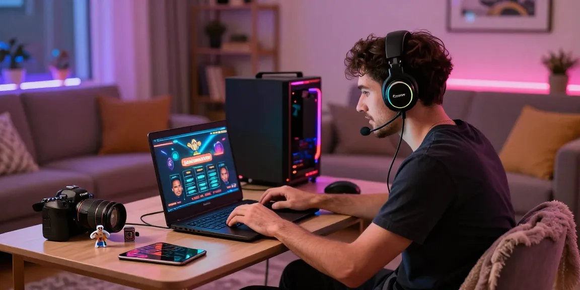 Engaged player at non GamStop casinos enjoying an online game in cozy living room.