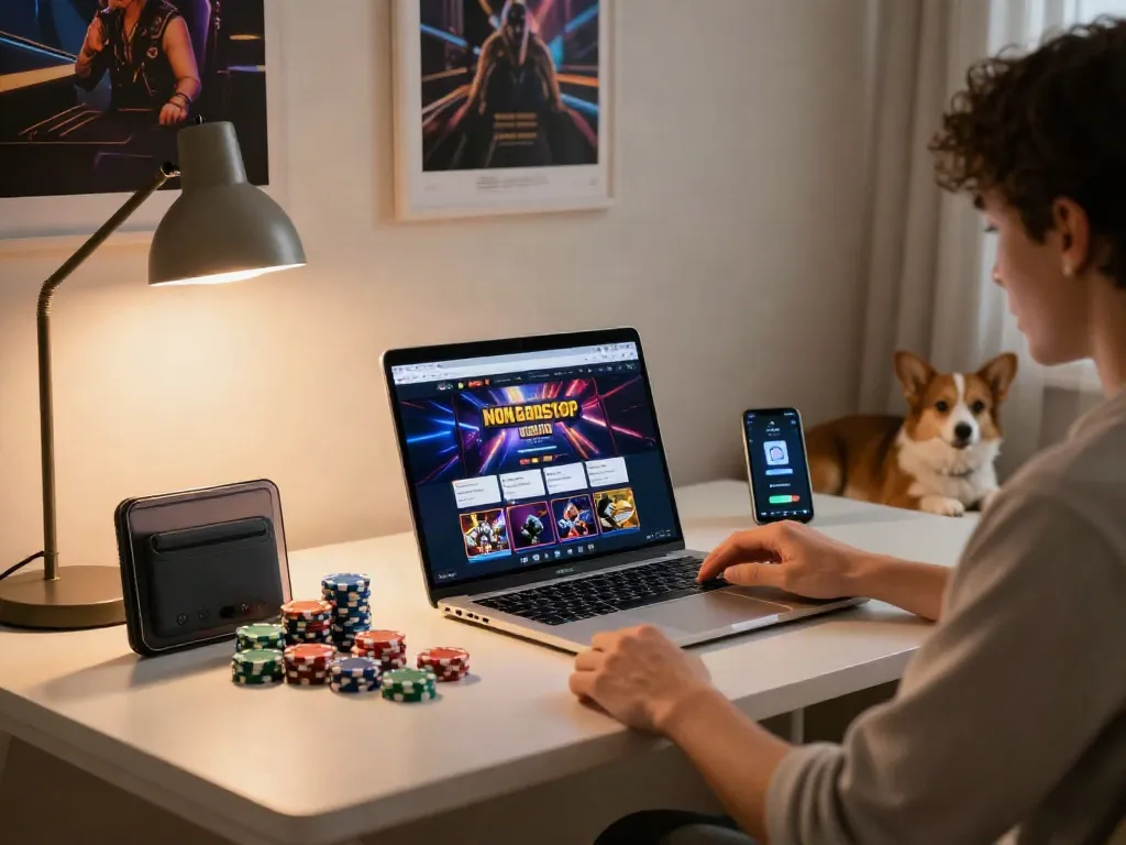 Dynamic gaming scene featuring non GamStop casinos on a laptop.
