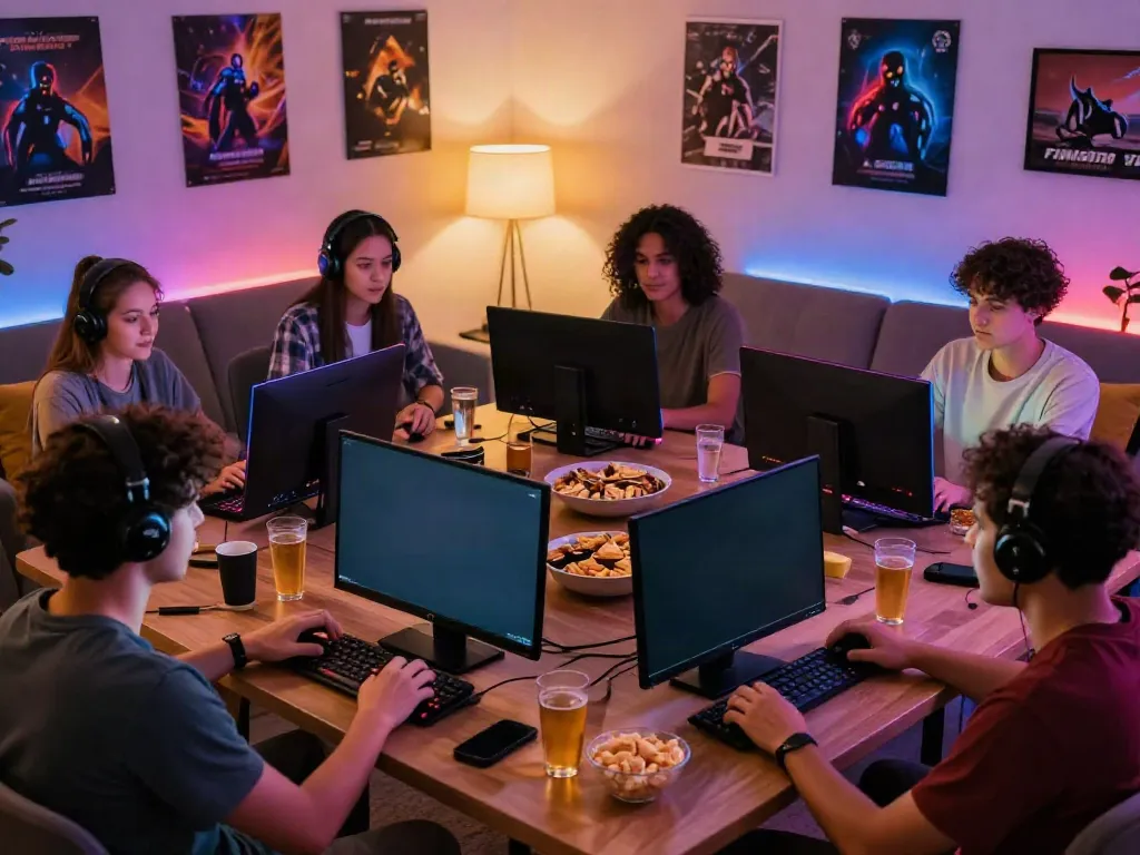 Friends enjoying gaming at home with non GamStop casinos atmosphere.