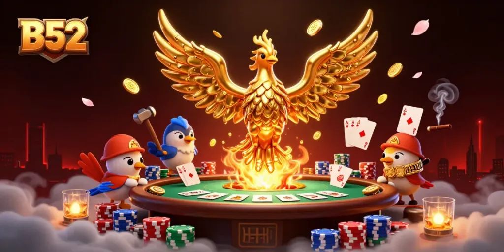 B52 offers an exciting casino experience with poker tables, golden phoenix, and vibrant game elements.