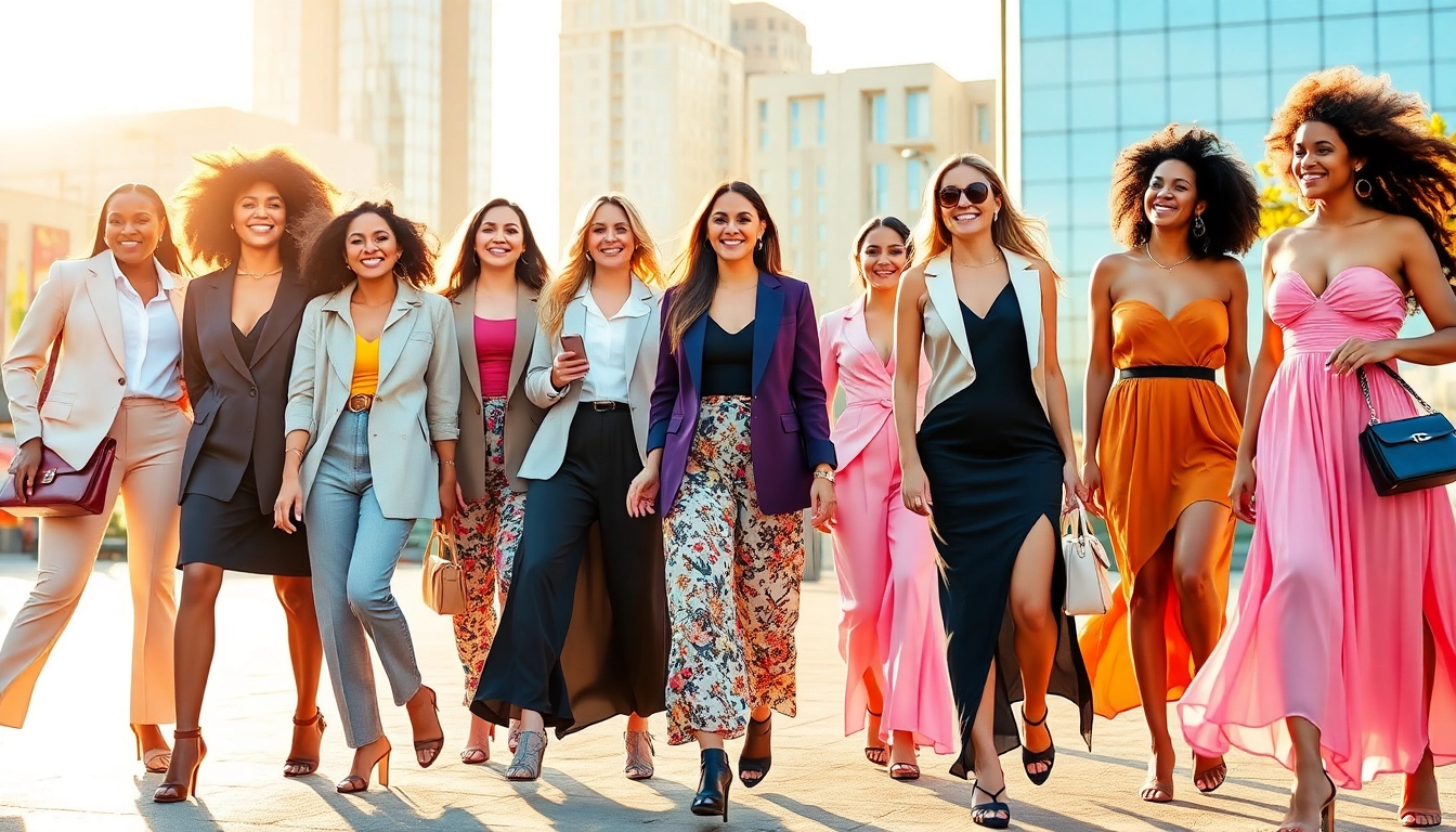 Group of diverse women modeling trendy women fashion in a vibrant urban setting, showcasing styles and accessories.