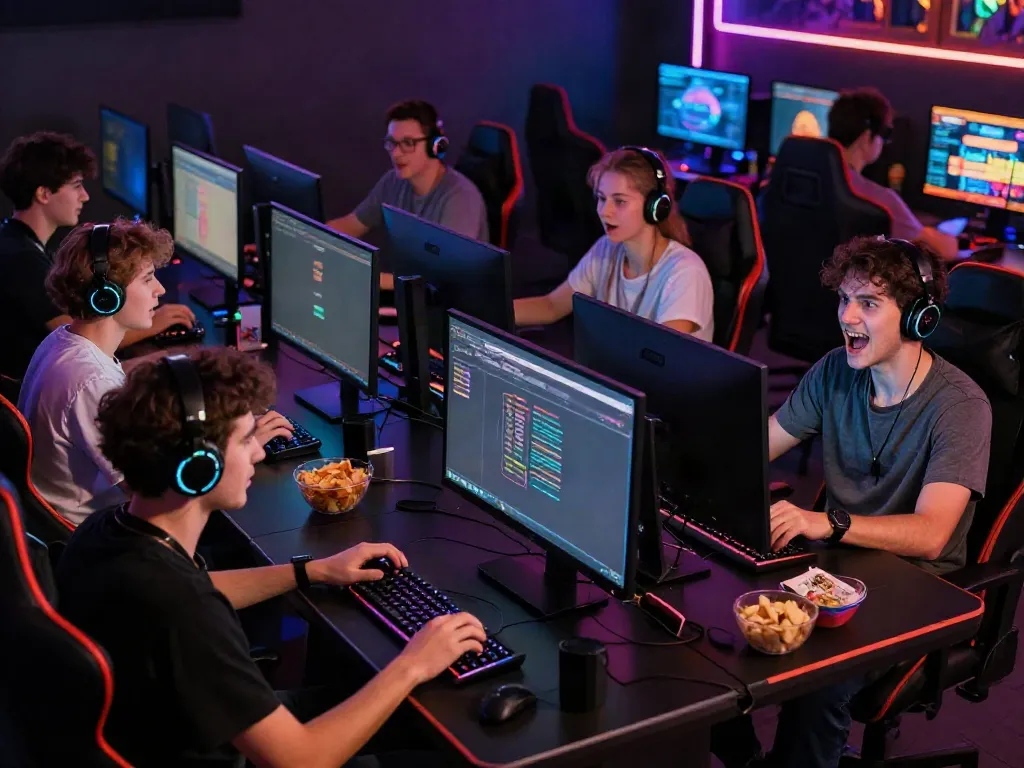 Diverse group of players enjoying non GamStop casinos on their computers in a vibrant gaming setup.