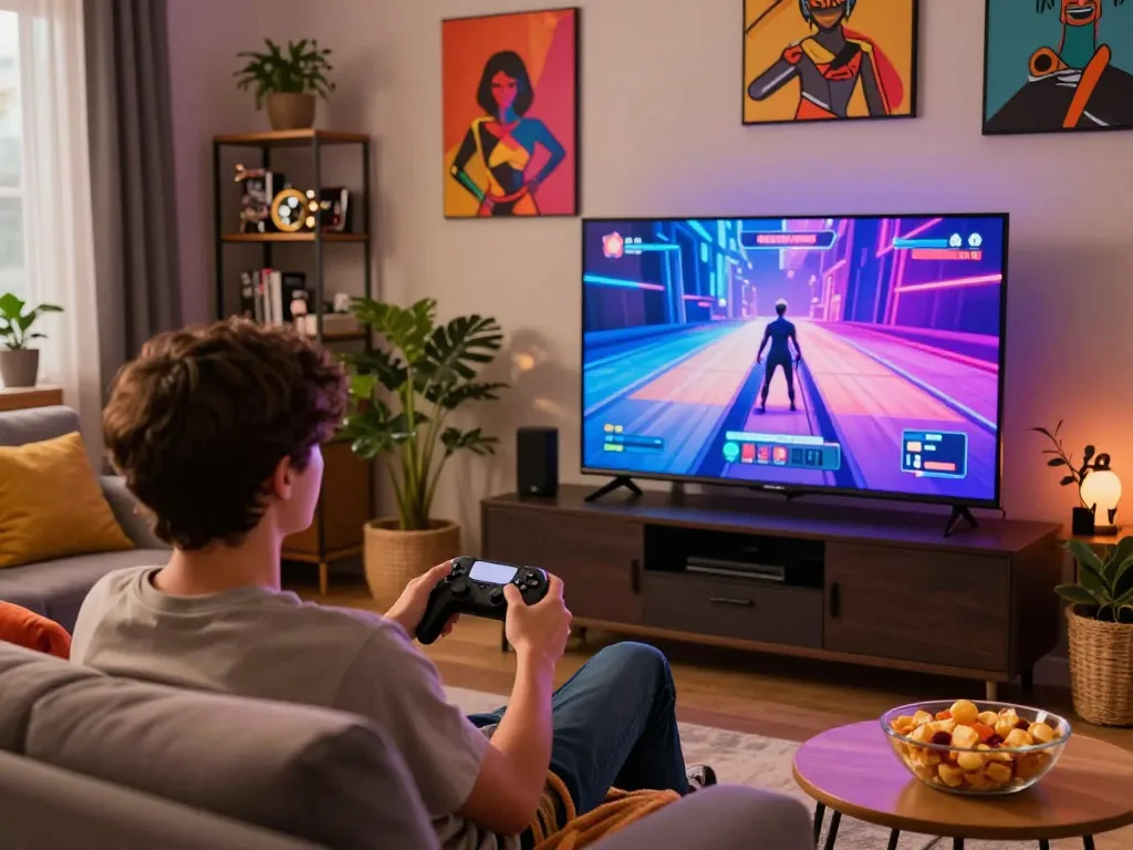 Engaging scene of a person playing a sex simulator game in a cozy living room, showcasing immersive gaming.
