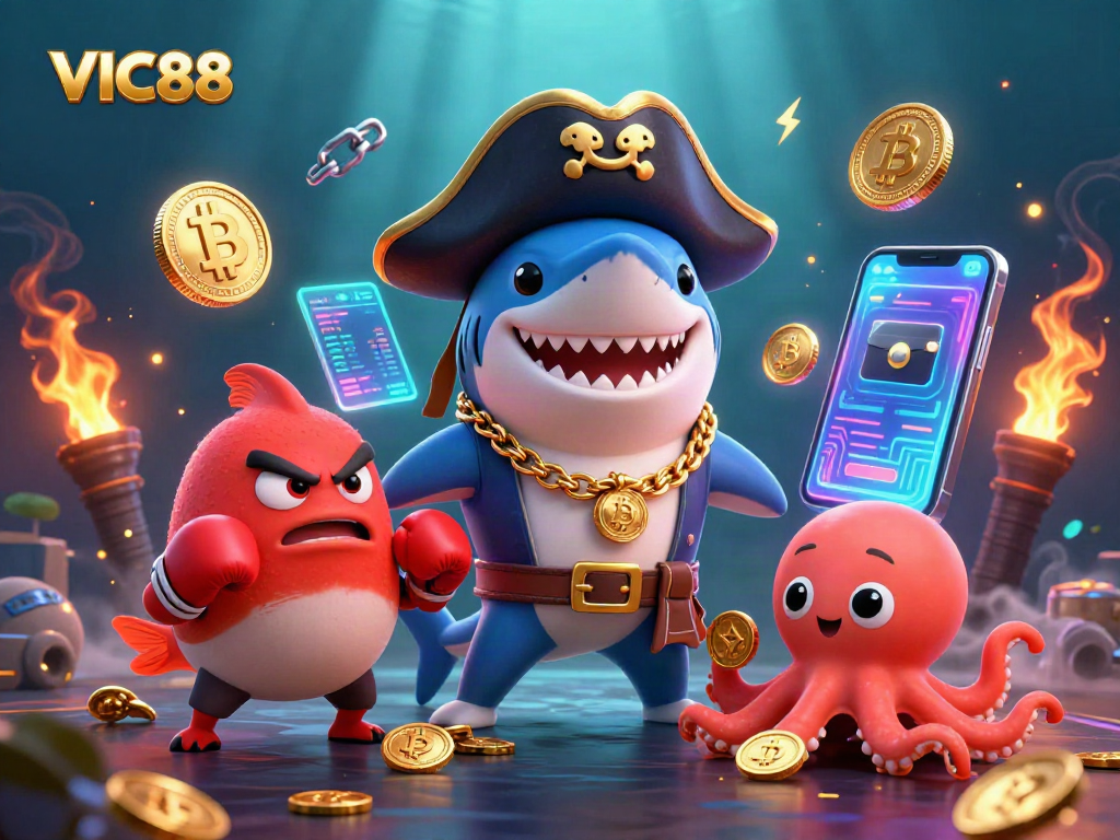 Experience the thrill at VIC88 with a vibrant underwater casino scene featuring cartoon characters and crypto elements.