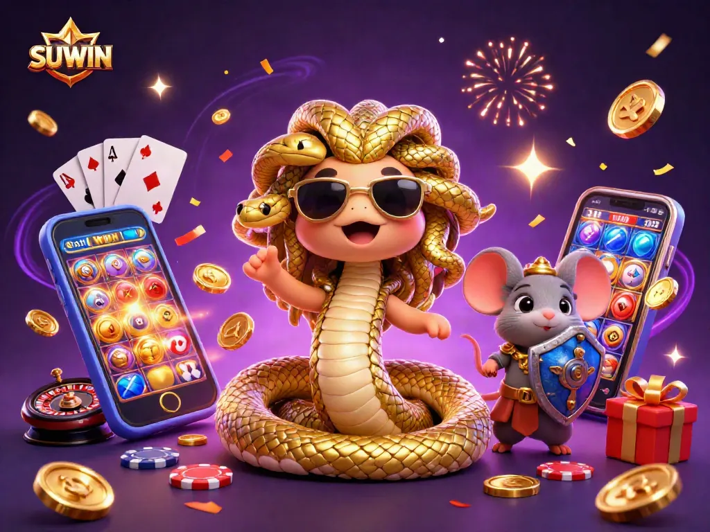 Suwin offers immersive gambling fun with captivating characters and gaming elements in a vibrant illustration.