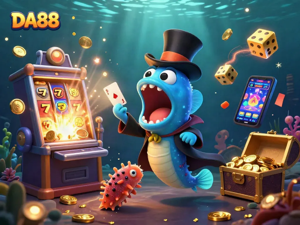 DA88 showcases an exciting underwater casino scene with a magic eel, anglerfish, and gold coins.