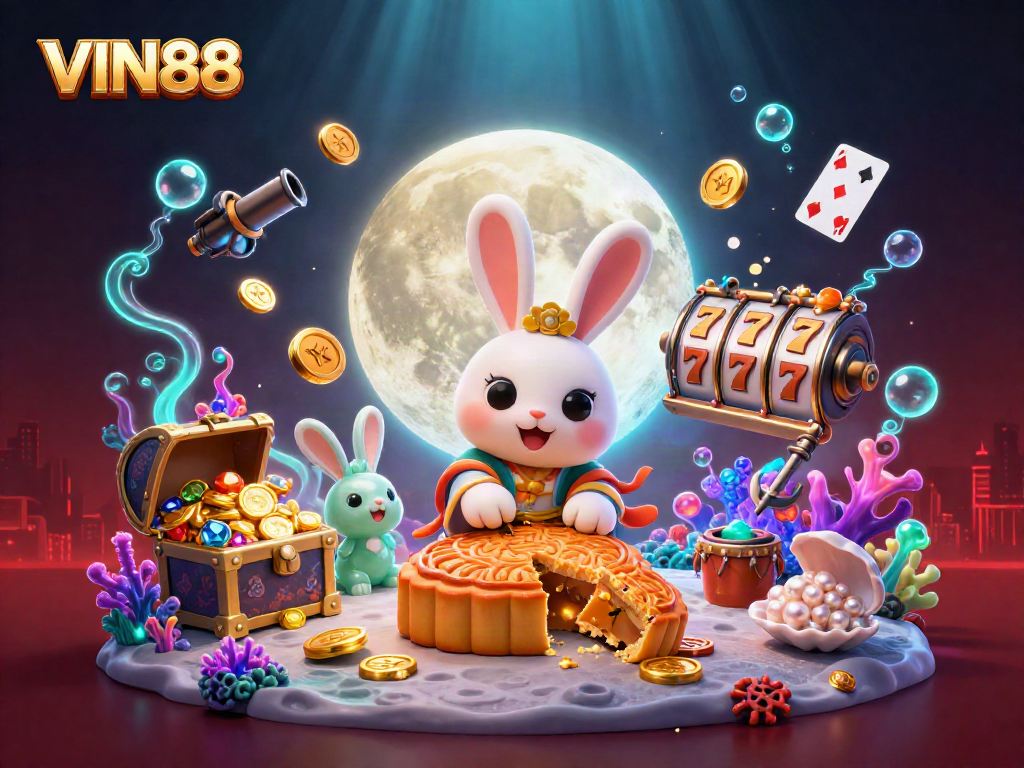 Engage with the thrilling atmosphere of VIN88, where a moon rabbit reveals poker chips amidst vibrant casino elements.
