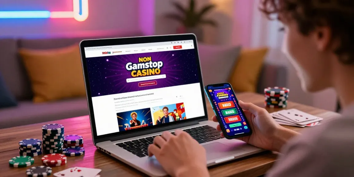 Engaging user experiencing non GamStop casinos on a laptop in a cozy living room.