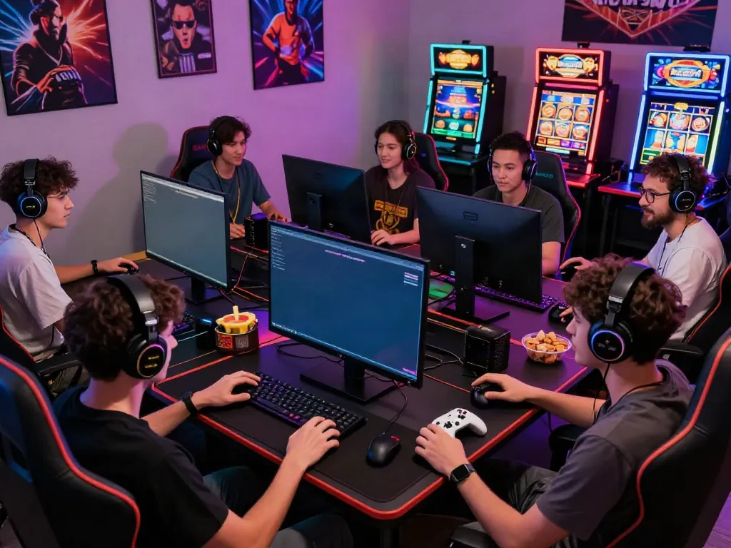 Exciting gaming experience with friends focused on non GamStop casinos on multiple screens in a vibrant basement setup.