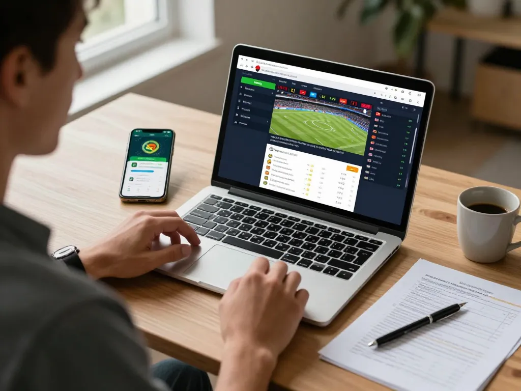 Engaging with Fabet's live sports betting app on a laptop while planning strategies.