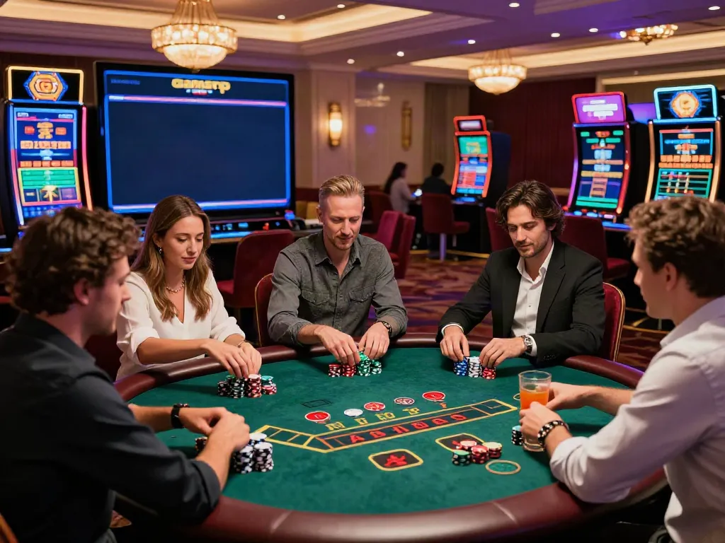 Exciting scene at non GamStop casinos with diverse players enjoying table games and vibrant casino ambiance.