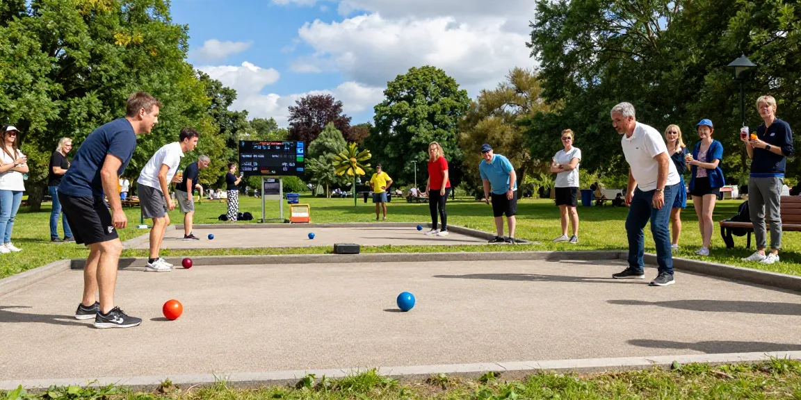 Petanque players at an exciting tournament representing fopikotatomohon.org in a vibrant park setting.