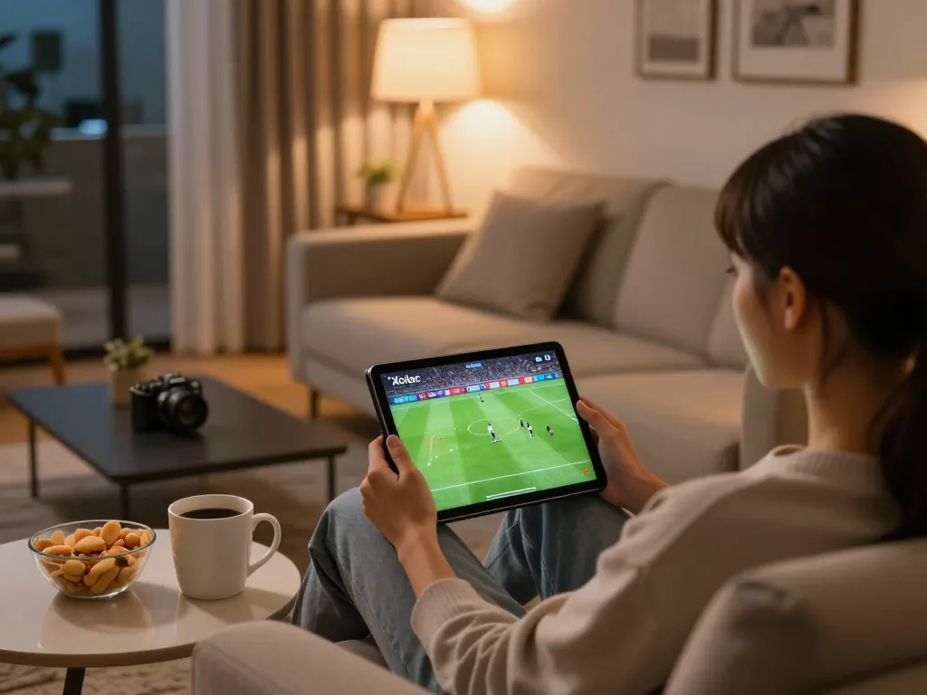 Xoilac viewer enjoying live football action on a tablet in a cozy home setting.