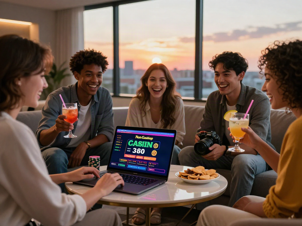 Group enjoying non GamStop casinos online with drinks and snacks.
