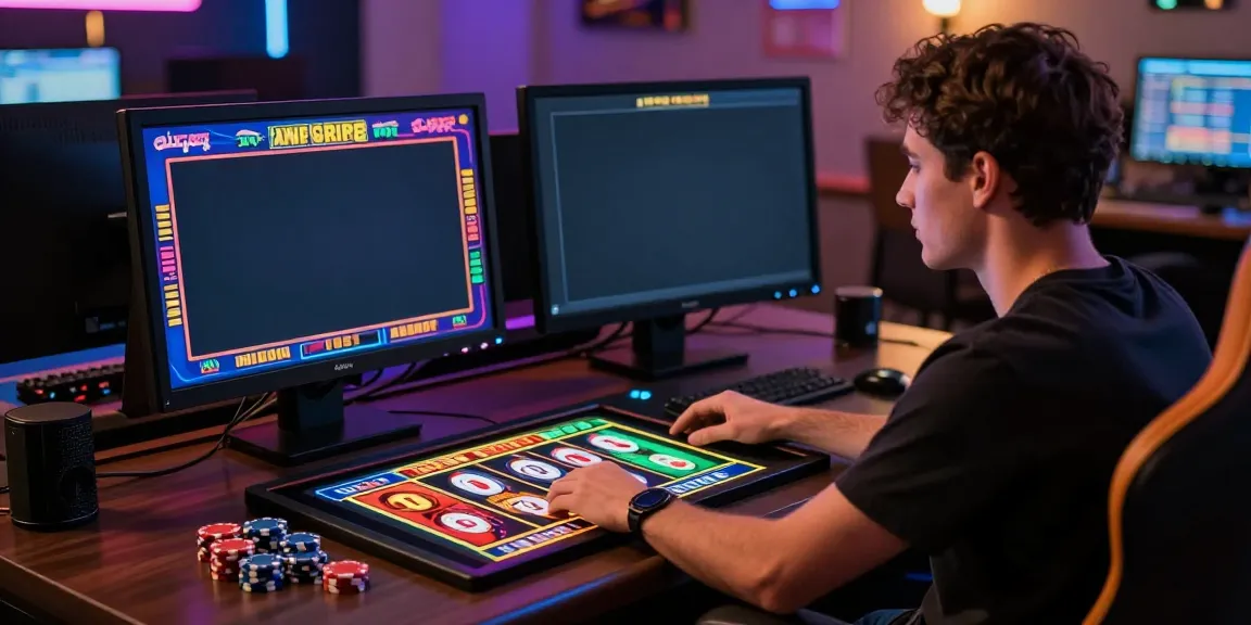 Engaging player at non gamstop casinos online, spinning slot reels with vibrant graphics.
