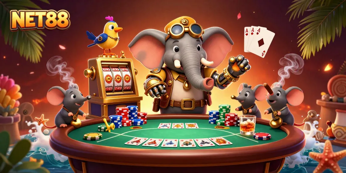 Experience interactive games with NET88 through a captivating 3D casino illustration featuring vibrant elements.