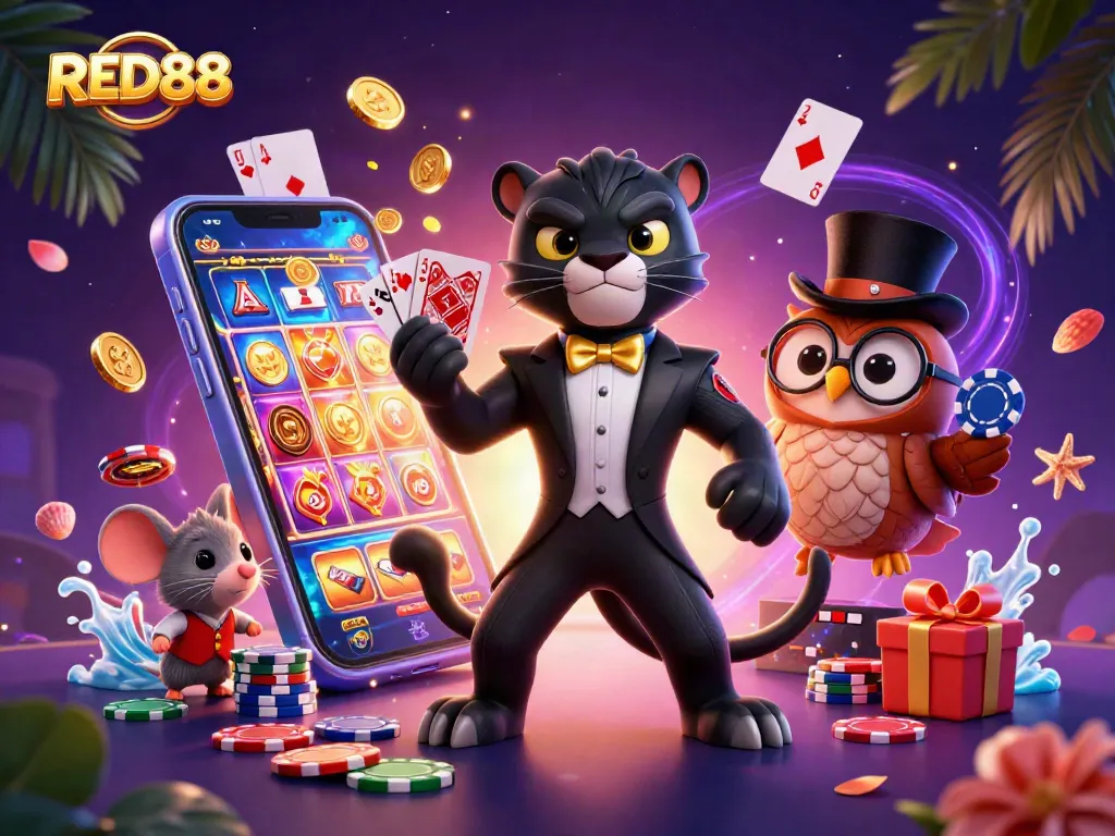 Experience thrilling gaming action at RED88 with our stylish casino characters and interactive elements.