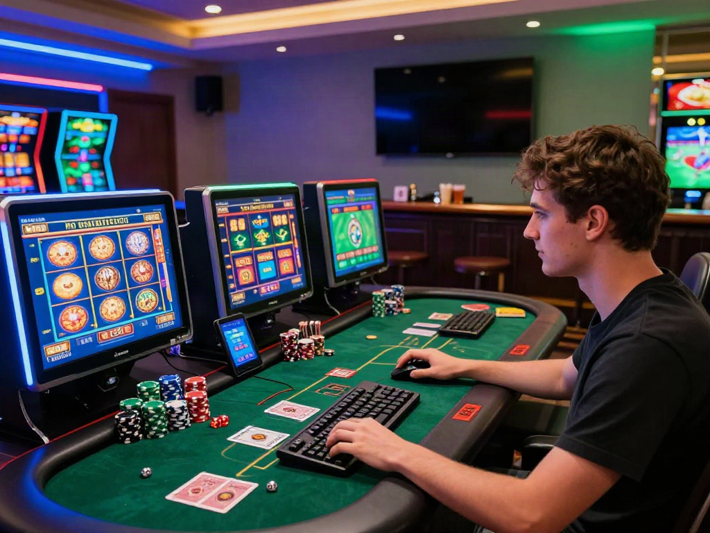 Engaged player enjoying non GamStop casinos gaming session surrounded by colorful monitors, chips, and sports betting.