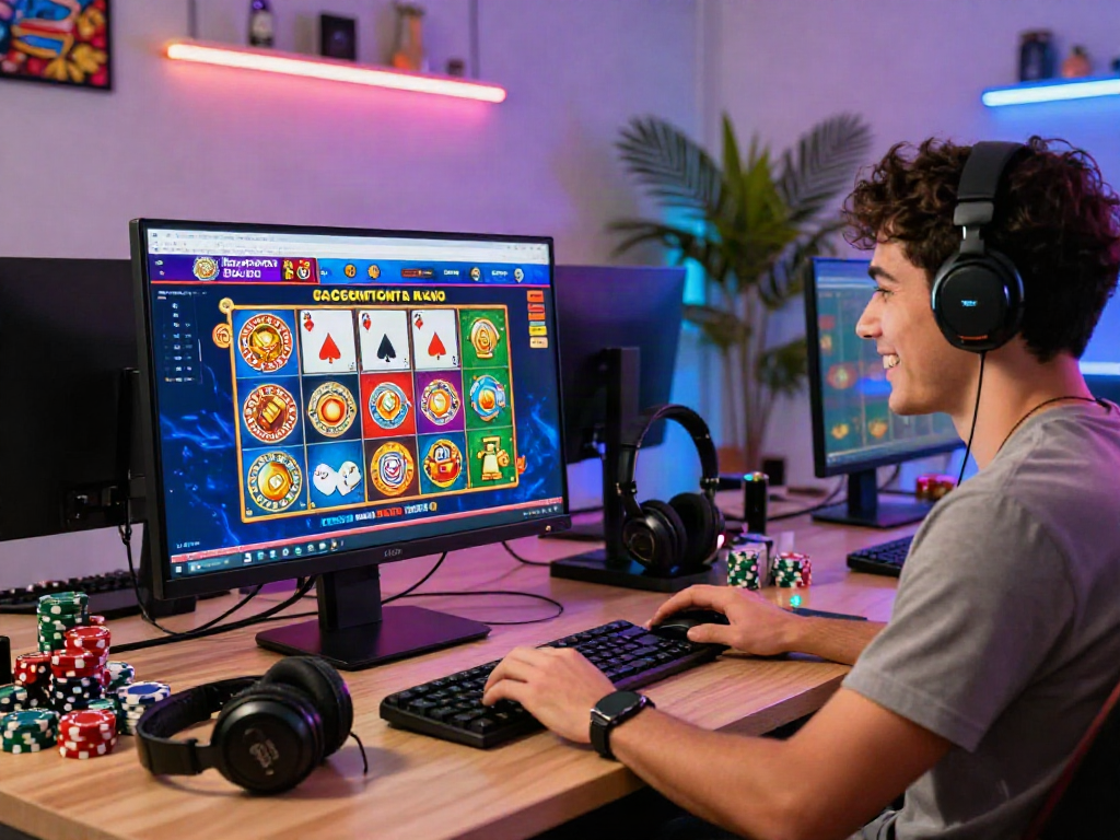 Player enjoying a game at non GamStop casinos, surrounded by vibrant graphics and gaming accessories.