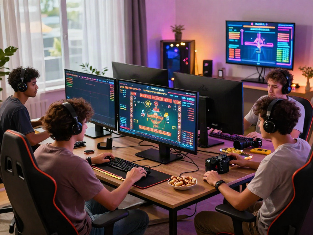 Diverse friends enjoying virtual games in a vibrant non gamstop casinos setup with colorful lights and high-end equipment.