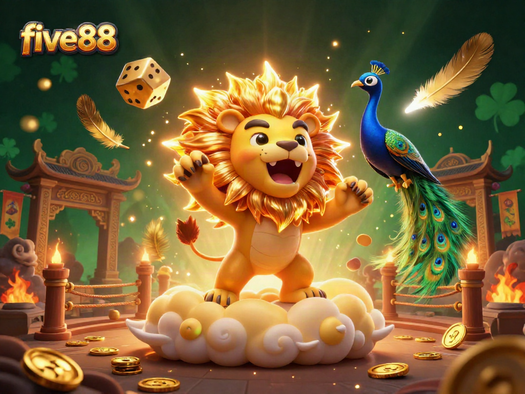 Engage in thrilling gameplay at five88 with a vibrant scene featuring a triumphant sun lion and golden casino elements.
