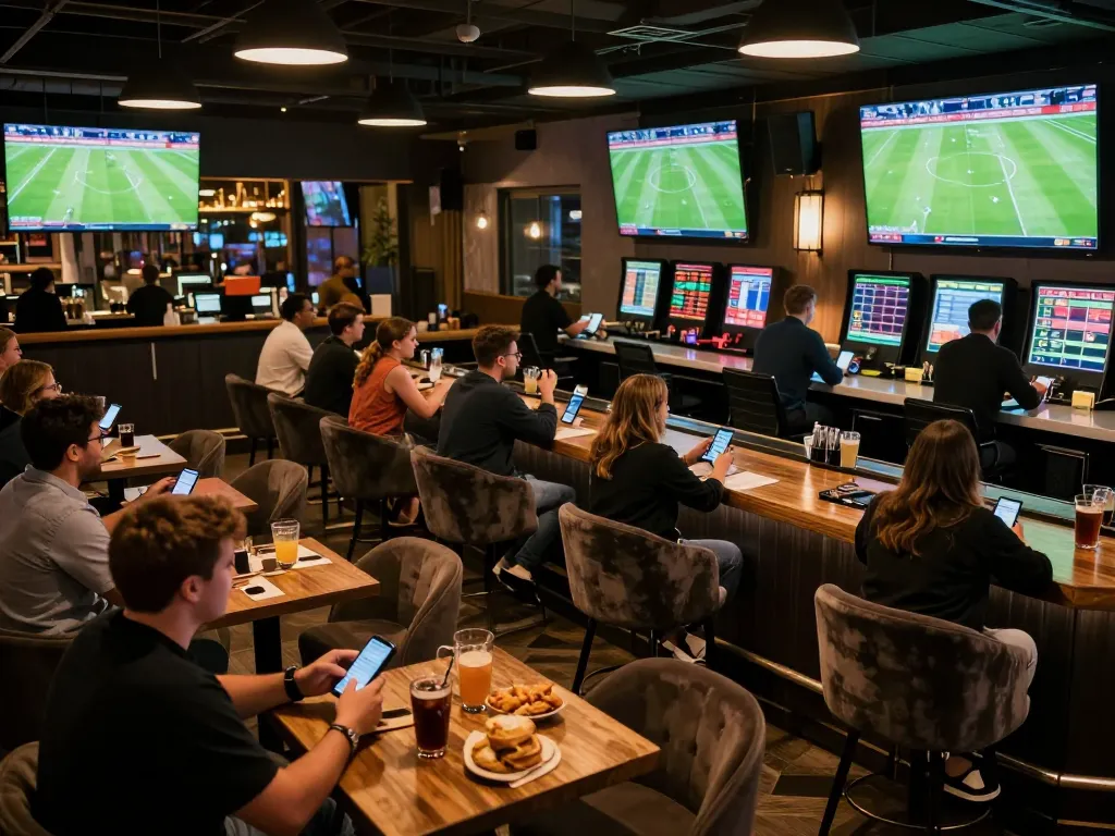 Cakhiatv patrons enjoying exciting live sports betting in a vibrant lounge setting